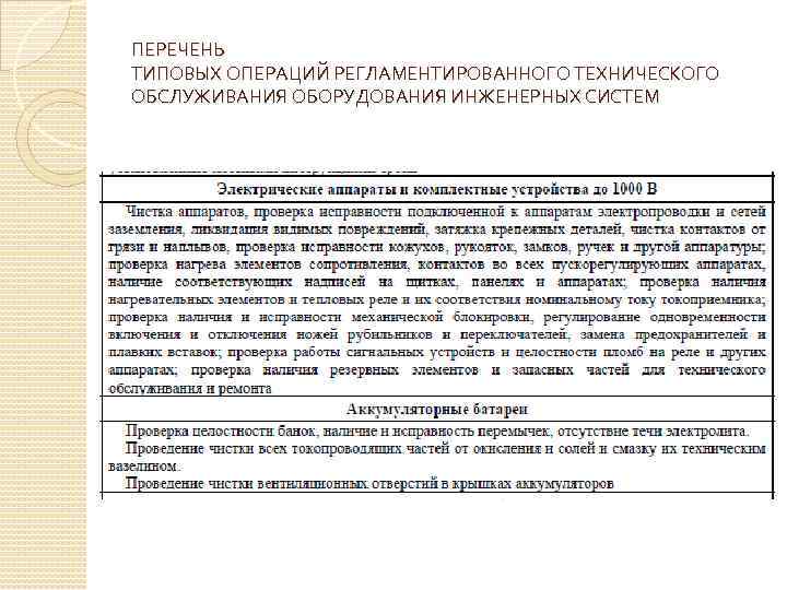 ПЕРЕЧЕНЬ ТИПОВЫХ ОПЕРАЦИЙ РЕГЛАМЕНТИРОВАННОГО ТЕХНИЧЕСКОГО ОБСЛУЖИВАНИЯ ОБОРУДОВАНИЯ ИНЖЕНЕРНЫХ СИСТЕМ 