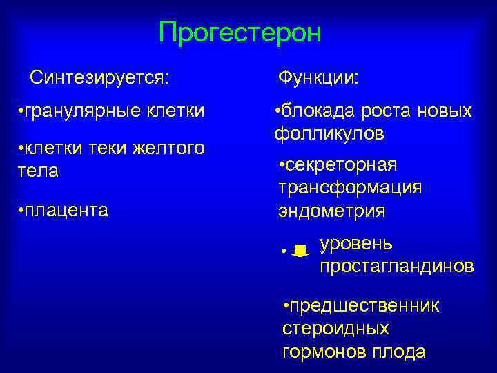 Прогестерон Синтезируется: • гранулярные клетки • клетки теки желтого тела • плацента Функции: •