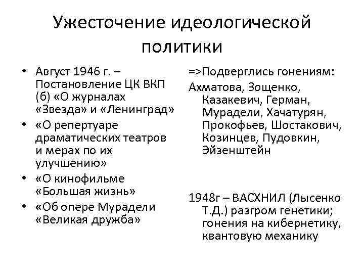 Ужесточение идеологической политики • Август 1946 г. – Постановление ЦК ВКП (б) «О журналах