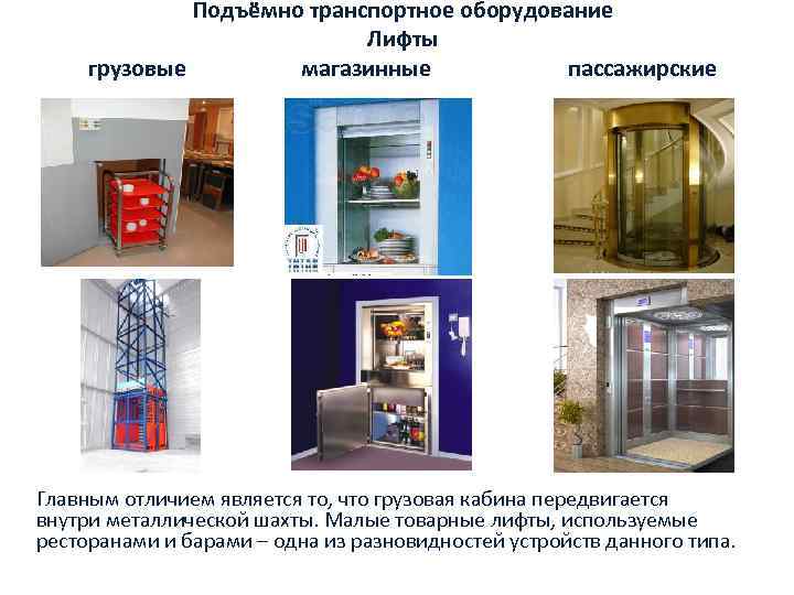 Подъёмно транспортное оборудование Лифты грузовые магазинные пассажирские Главным отличием является то, что грузовая кабина