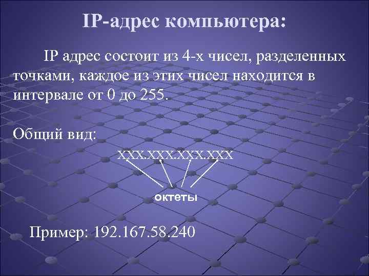 IP-адрес компьютера: IP адрес состоит из 4 -х чисел, разделенных точками, каждое из этих