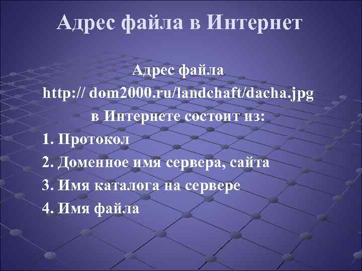 Адрес файла в Интернет Адрес файла http: // dom 2000. ru/landchaft/dacha. jpg в Интернете