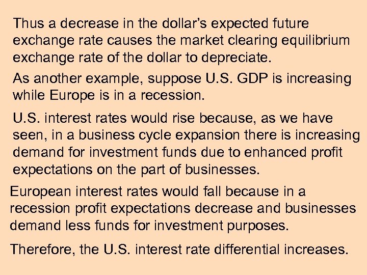 Thus a decrease in the dollar’s expected future exchange rate causes the market clearing