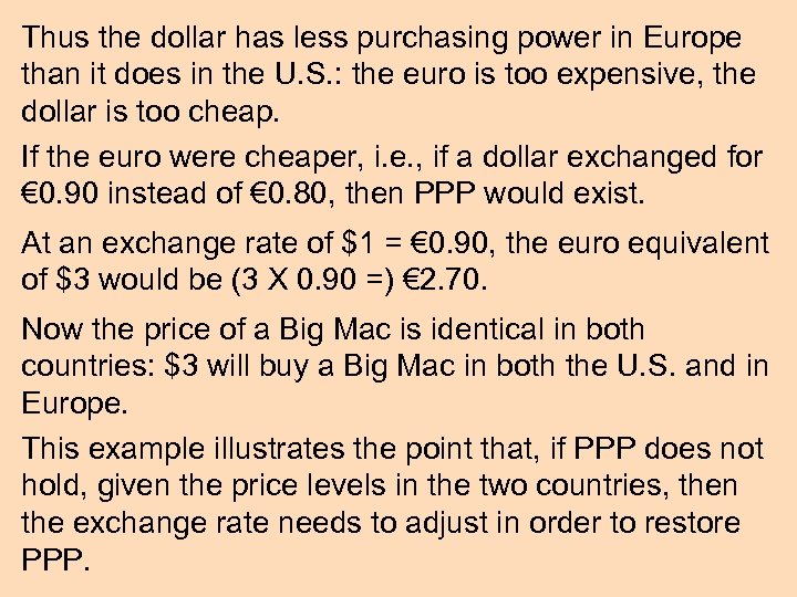 Thus the dollar has less purchasing power in Europe than it does in the