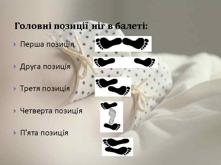 Головні позиції ніг в балеті: Перша позиція Друга позиція Третя позиція Четверта позиція П’ята
