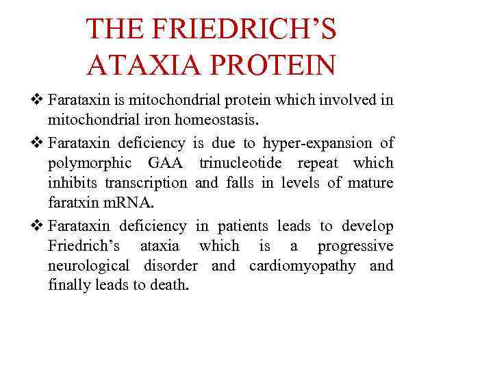 THE FRIEDRICH’S ATAXIA PROTEIN v Farataxin is mitochondrial protein which involved in mitochondrial iron