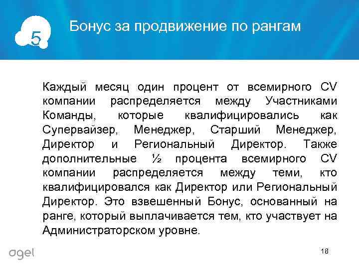 5 Бонус за продвижение по рангам Каждый месяц один процент от всемирного CV компании