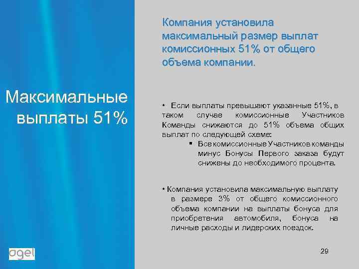 Компания установила максимальный размер выплат комиссионных 51% от общего объема компании. Максимальные выплаты 51%