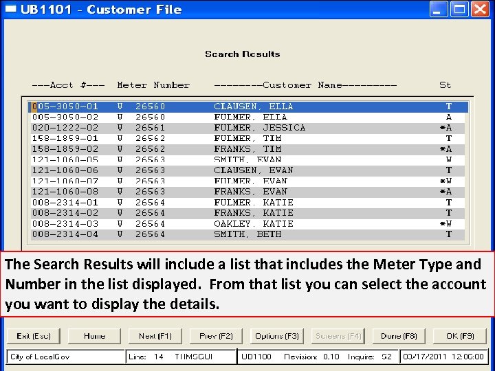 The Search Results will include a list that includes the Meter Type and Number