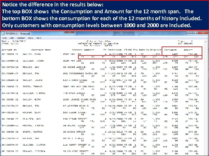 Notice the difference in the results below: The top BOX shows the Consumption and