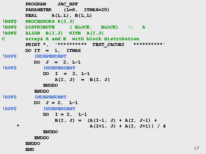  PROGRAM JAC_HPF PARAMETER (L=8, ITMAX=20) REAL A(L, L), B(L, L) !HPF$ PROCESSORS P(3,