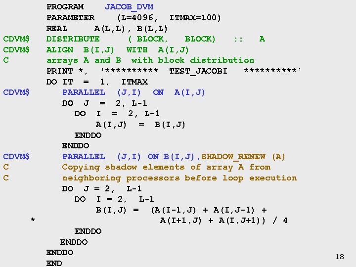  PROGRAM JACOB_DVM PARAMETER (L=4096, ITMAX=100) REAL A(L, L), B(L, L) CDVM$ DISTRIBUTE (