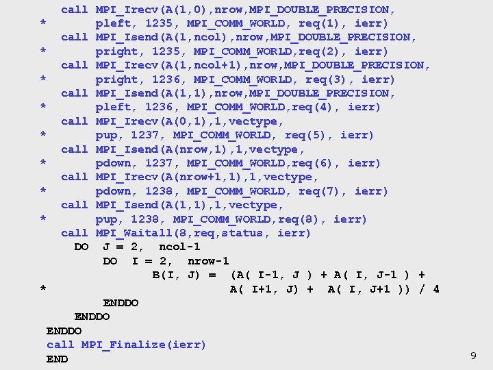  call MPI_Irecv(A(1, 0), nrow, MPI_DOUBLE_PRECISION, * pleft, 1235, MPI_COMM_WORLD, req(1), ierr) call MPI_Isend(A(1,