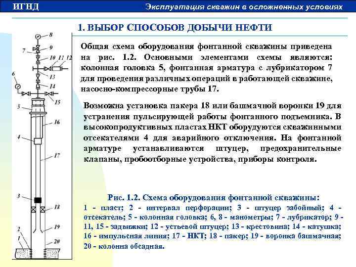 ИГНД Эксплуатация скважин в осложненных условиях 1. ВЫБОР СПОСОБОВ ДОБЫЧИ НЕФТИ Общая схема оборудования