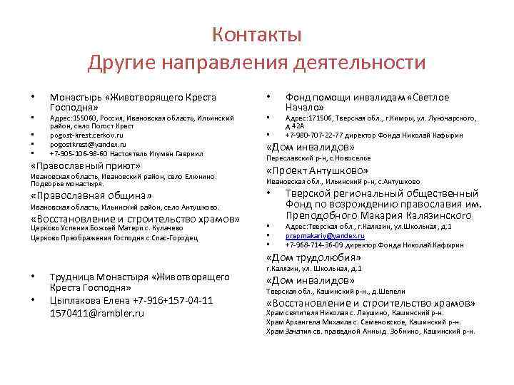 Контакты Другие направления деятельности • • • Монастырь «Животворящего Креста Господня» Адрес: 155060, Россия,