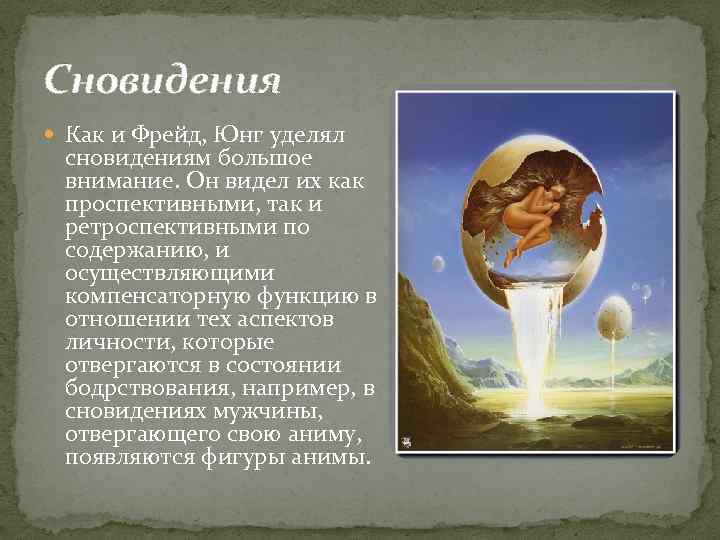 Сновидения Как и Фрейд, Юнг уделял сновидениям большое внимание. Он видел их как проспективными,