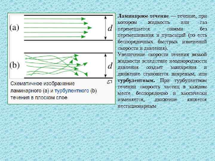 Ламинарное течение — течение, при котором жидкость или газ перемещается слоями без перемешивания и