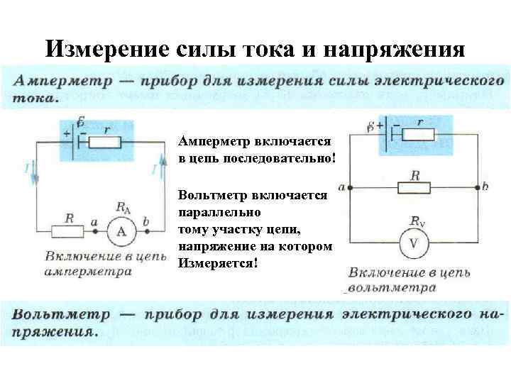 Измерение силы тока и напряжения Амперметр включается в цепь последовательно! Вольтметр включается параллельно тому