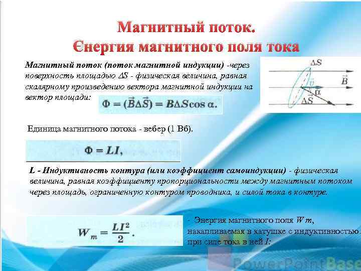 Магнитный поток. Энергия магнитного поля тока Магнитный поток (поток магнитной индукции) -через поверхность площадью