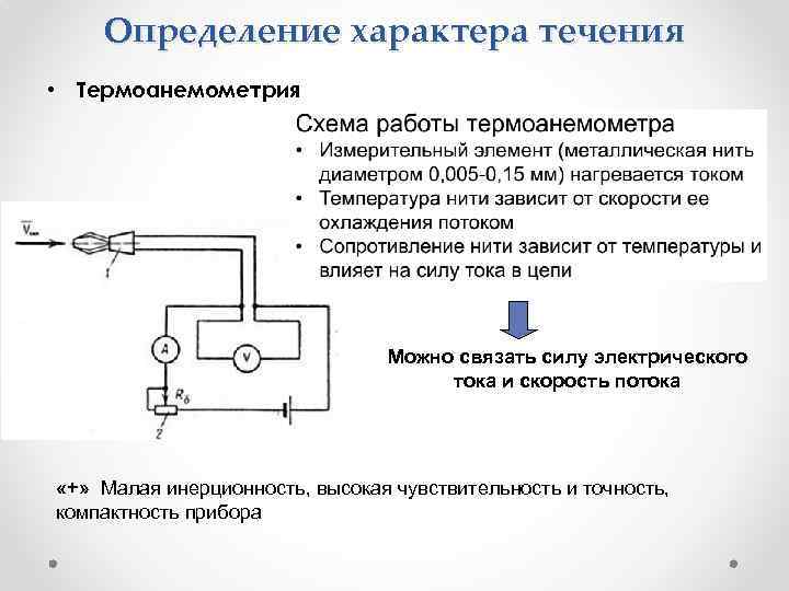 Определение характера течения • Термоанемометрия Можно связать силу электрического тока и скорость потока «+»