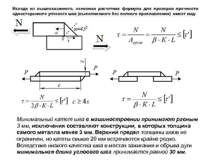 Исходя из вышесказанного, основная расчетная формула для проверки прочности одностороннего углового шва (выполняемого без