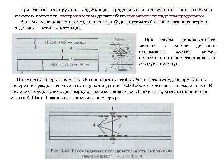 При сварке конструкций, содержащих продольные и поперечные швы, например листовых полотнищ, поперечные швы должны
