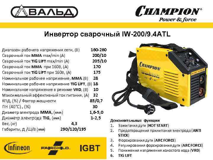 Инвертор сварочный IW-200/9. 4 ATL Диапазон рабочего напряжения сети, (В) 160 -260 Cварочный ток