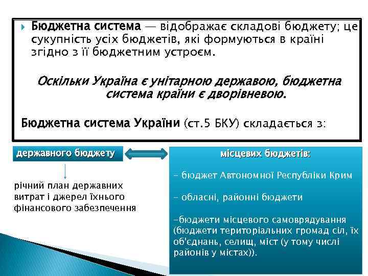 Бюджетна система — відображає складові бюджету; це сукупність усіх бюджетів, які формуються в