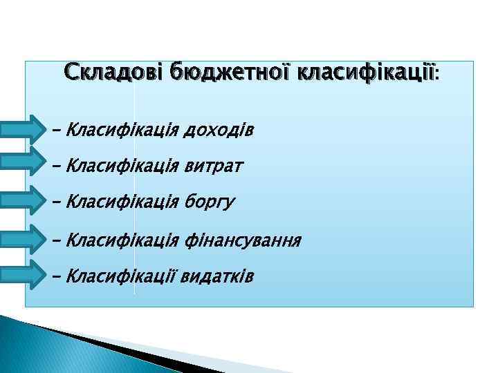 Складові бюджетної класифікації: - Класифікація доходів - Класифікація витрат - Класифікація боргу - Класифікація