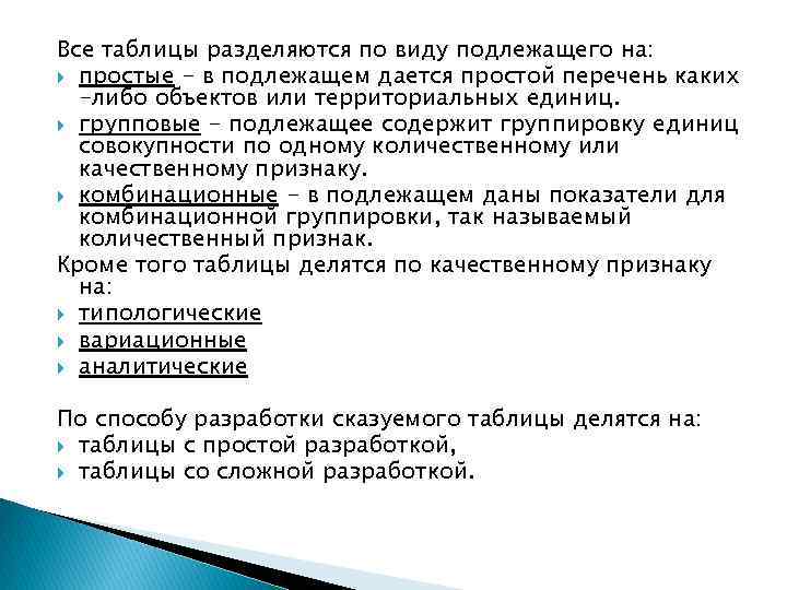 Все таблицы разделяются по виду подлежащего на: простые - в подлежащем дается простой перечень