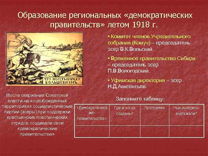 Образование региональных «демократических правительств» летом 1918 г. • Комитет членов Учредительного собрания (Комуч) –