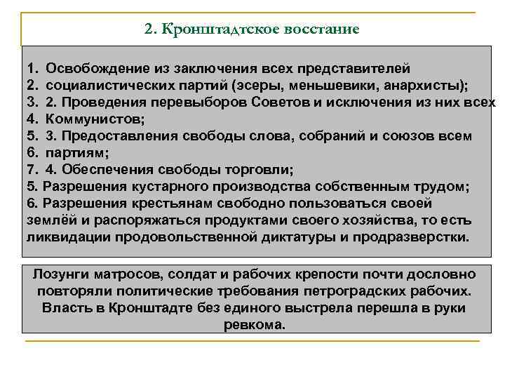 2. Кронштадтское восстание 1. Освобождение из заключения всех представителей 2. социалистических партий (эсеры, меньшевики,