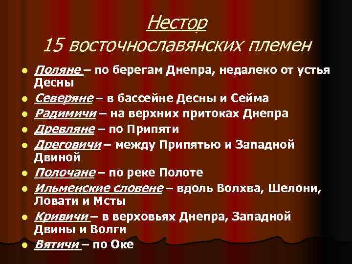 Нестор 15 восточнославянских племен l Поляне – по берегам Днепра, недалеко от устья l