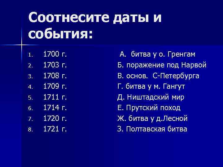 Соотнесите даты и события: 1. 2. 3. 4. 5. 6. 7. 8. 1700 г.