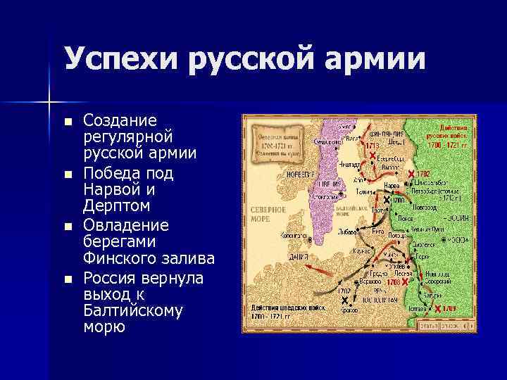 Успехи русской армии n n Создание регулярной русской армии Победа под Нарвой и Дерптом