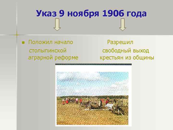 Указ 9 ноября 1906 года n Положил начало столыпинской аграрной реформе Разрешил свободный выход