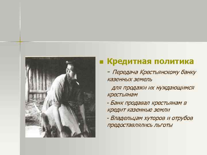 n Кредитная политика - Передача Крестьянскому банку казенных земель для продажи их нуждающимся крестьянам