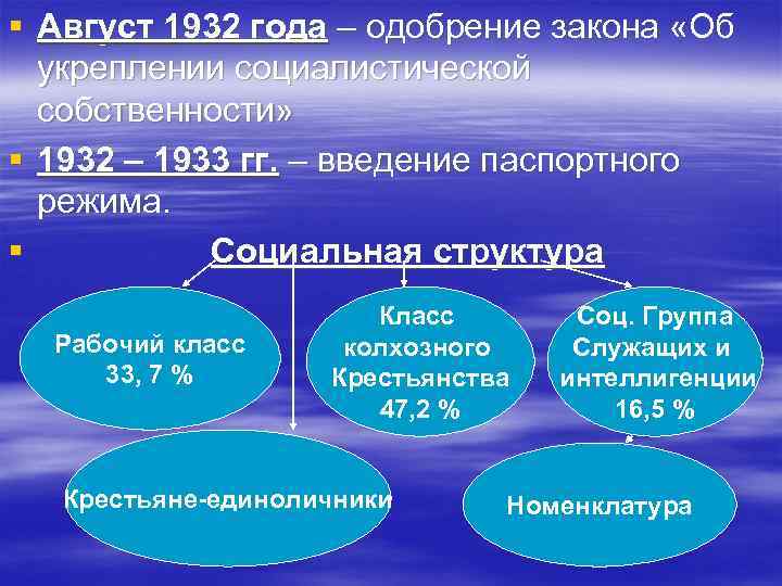 § Август 1932 года – одобрение закона «Об укреплении социалистической собственности» § 1932 –