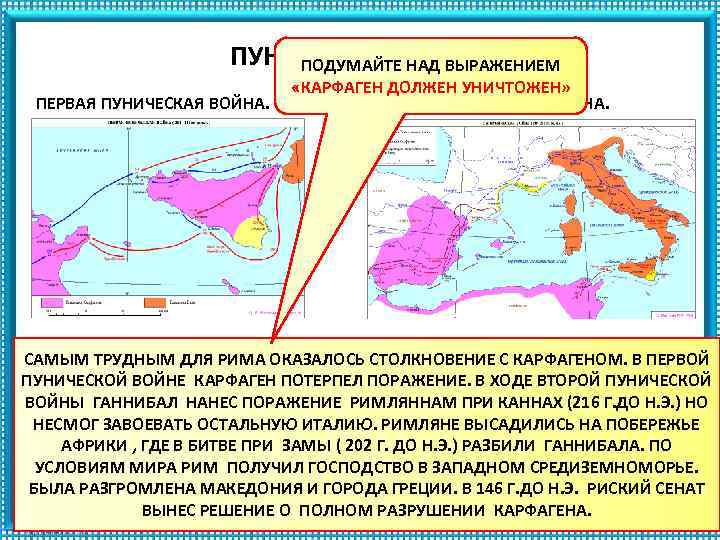 ПУНИЧЕСКИЕ ВОЙНЫ ПОДУМАЙТЕ НАД ВЫРАЖЕНИЕМ ПЕРВАЯ ПУНИЧЕСКАЯ ВОЙНА. «КАРФАГЕН ДОЛЖЕН УНИЧТОЖЕН» ВТОРАЯ ПУНИЧЕСКАЯ ВОЙНА.