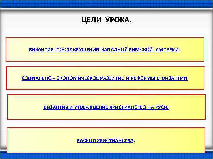 ЦЕЛИ УРОКА. ВИЗАНТИЯ ПОСЛЕ КРУШЕНИЯ ЗАПАДНОЙ РИМСКОЙ ИМПЕРИИ. СОЦИАЛЬНО – ЭКОНОМИЧЕСКОЕ РАЗВИТИЕ И РЕФОРМЫ