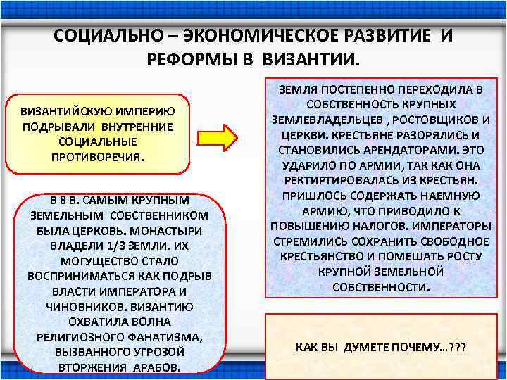 СОЦИАЛЬНО – ЭКОНОМИЧЕСКОЕ РАЗВИТИЕ И РЕФОРМЫ В ВИЗАНТИИ. ВИЗАНТИЙСКУЮ ИМПЕРИЮ ПОДРЫВАЛИ ВНУТРЕННИЕ СОЦИАЛЬНЫЕ ПРОТИВОРЕЧИЯ.