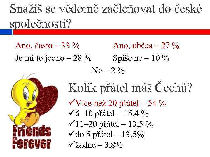 Snažíš se vědomě začleňovat do české společnosti? Ano, často – 33 % Je mi