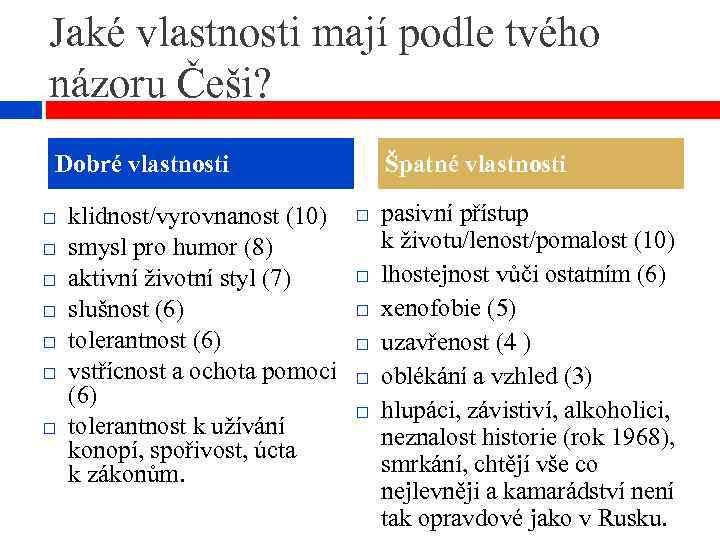 Jaké vlastnosti mají podle tvého názoru Češi? Dobré vlastnosti klidnost/vyrovnanost (10) smysl pro humor