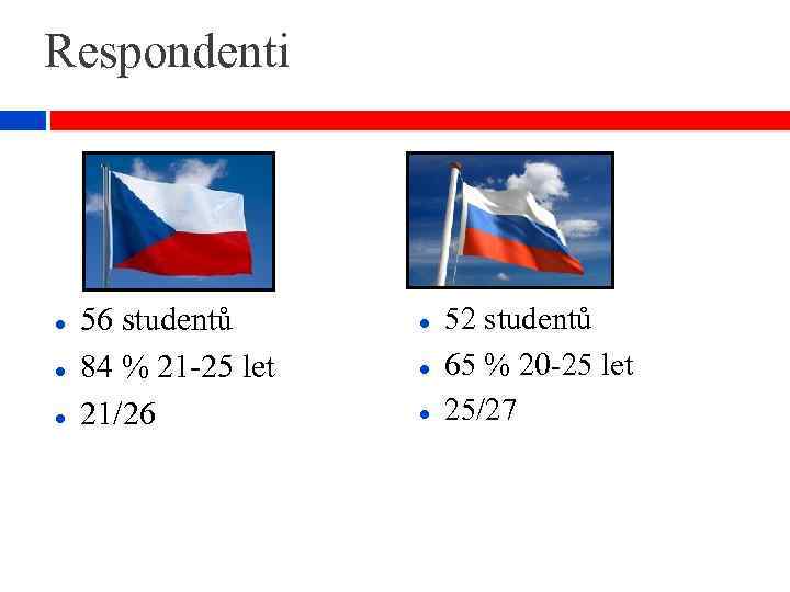 Respondenti 56 studentů 84 % 21 -25 let 21/26 52 studentů 65 % 20