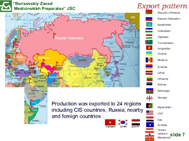 “Borisovskiy Zavod Medicinskikh Preparatov” JSC Export pattern Republic of Belarus Russian Federation Kazakhstan Uzbekistan