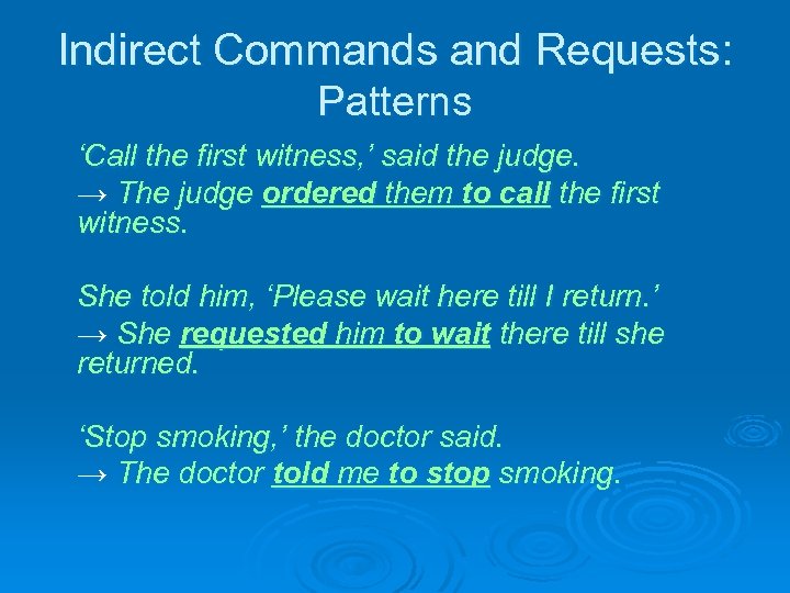 Indirect Commands and Requests: Patterns ‘Call the first witness, ’ said the judge. →