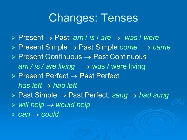 Changes: Tenses Present Past: am / is / are was / were Ø Present