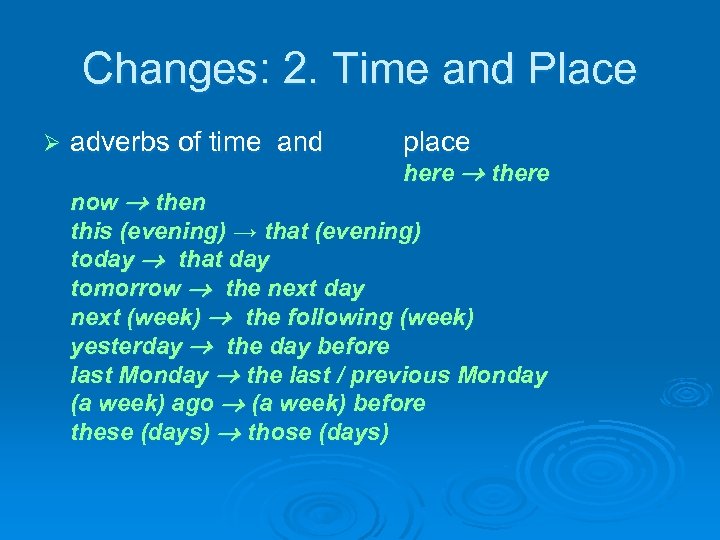 Changes: 2. Time and Place Ø adverbs of time and place here there now