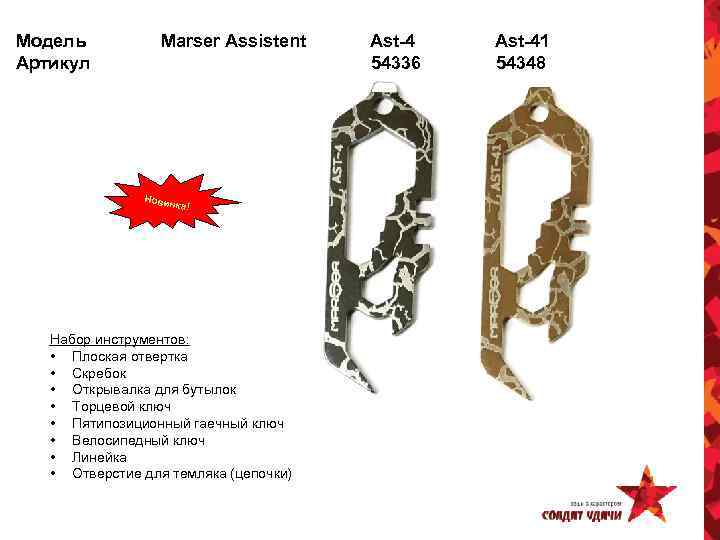 Модель Артикул Marser Assistent Новин ка! Набор инструментов: • Плоская отвертка • Скребок •