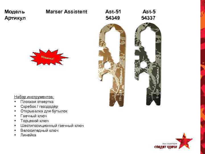 Модель Артикул Marser Assistent Новин ка! Набор инструментов: • Плоская отвертка • Скребок /